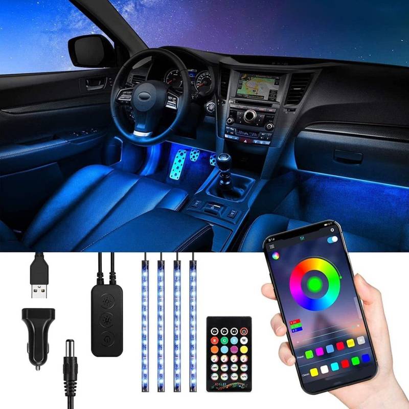 Tasmor LED Innenbeleuchtung Auto, USB Ambientebeleuchtung Auto Atmosphäre Licht mit APP, Wasserdicht Musik RGB LED Innenraumbeleuchtung Auto, 12V 48 LED Auto LED Strip mit Zigarettenanzünder von TASMOR