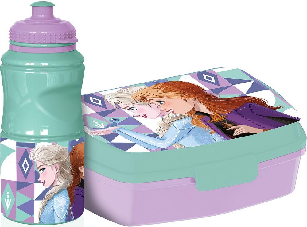 Disney 380 ml Trinkflasche und Sandwich Box hellblau für Kinder aus Kunststoff Frozen mit Antirutschband und Sicherheitsverschluss von TataWay in viaggio si cresce