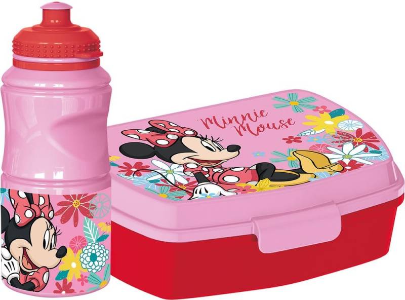 Disney 380 ml Trinkflasche und Sandwich Box rosa für Kinder aus Kunststoff Minnie mit Anti-Rutsch-Band und Sicherheitsverschluss von TataWay in viaggio si cresce