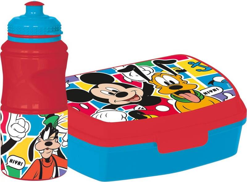 Disney 380 ml Trinkflasche und rote Sandwich Box für Kinder aus Kunststoff Mickey Mouse mit Anti-Rutsch-Band und Sicherheitsverschluss von TataWay in viaggio si cresce