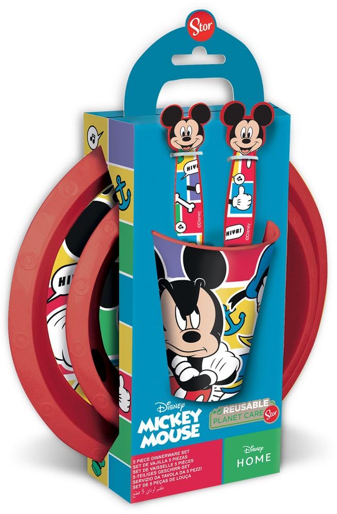 Disney Brei Set 5-teilig rot und blau Kunststoff Mickey Mouse Teller Glas Besteck von TataWay in viaggio si cresce