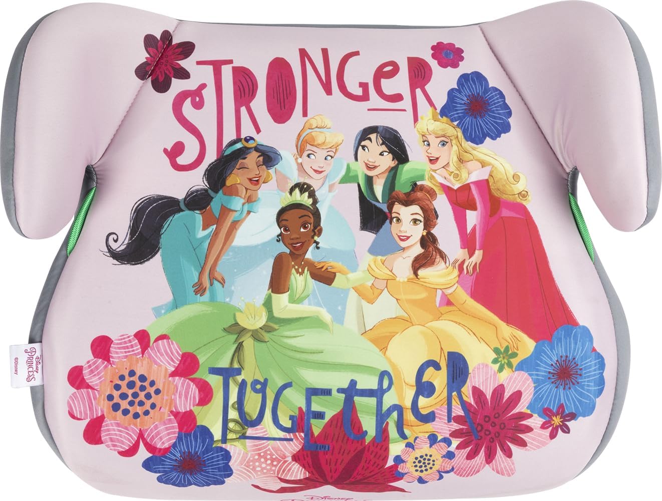 Disney Princess Babysitz für die Sicherheit von Mädchen mit einer Höhe von 125 bis 150 cm mit Mulan Jasmine Aurora Belle Cinderella Tiana-Grafiken auf rosafarbenem Hintergrund, Auto-Rückenlehne, von TataWay in viaggio si cresce