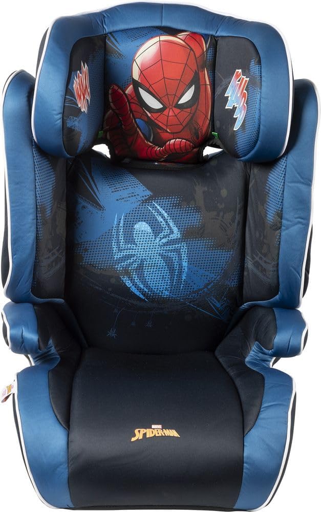 Marvel Spiderman Autositz mit ISOFIX-Befestigung für Kindersicherheit mit Höhe von 100 bis 150 cm mit Grafik des Superhelden Spiderman auf blauem Hintergrund von TataWay in viaggio si cresce