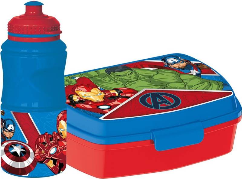 Marvel Trinkflasche Set 380 ml und blaue Sandwich Box für Kinder aus Kunststoff Avengers mit Antirutschband und Sicherheitsverschluss von TataWay in viaggio si cresce