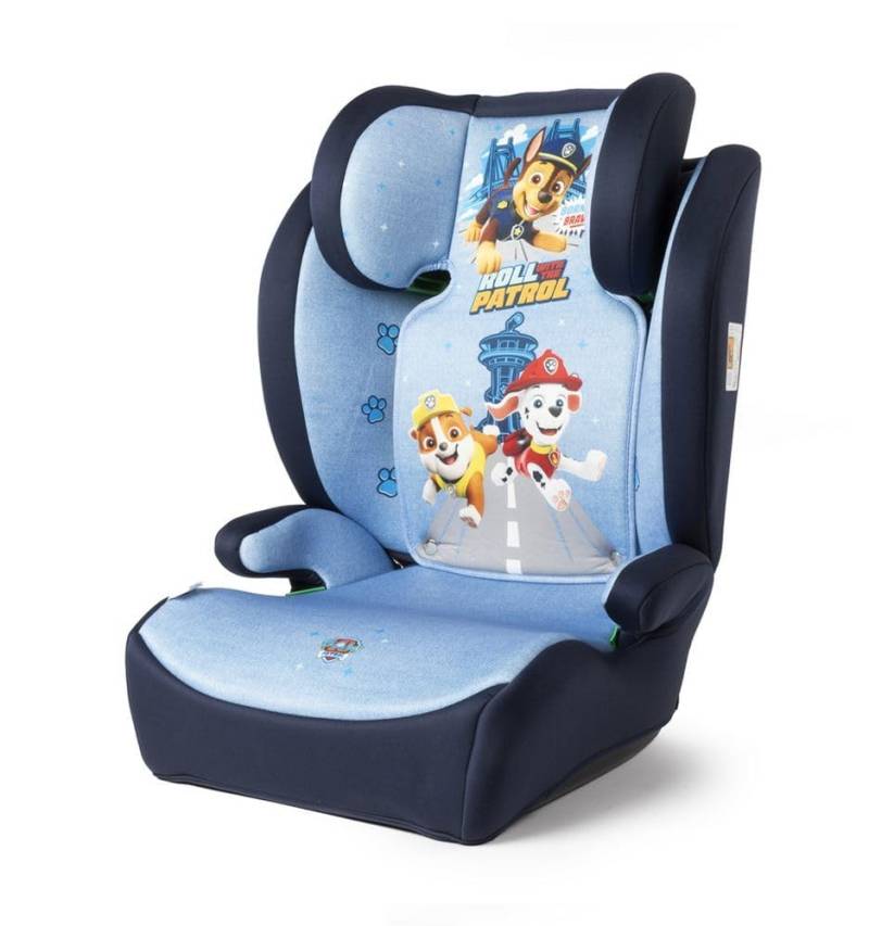 Paw Patrol Kinderautositz für die Sicherheit von Kindern mit einer Höhe von 100 bis 150 cm mit Grafiken der niedlichen Hunde Chase, Rubble und Marshall auf hellblauem und blauem Grund von TataWay in viaggio si cresce