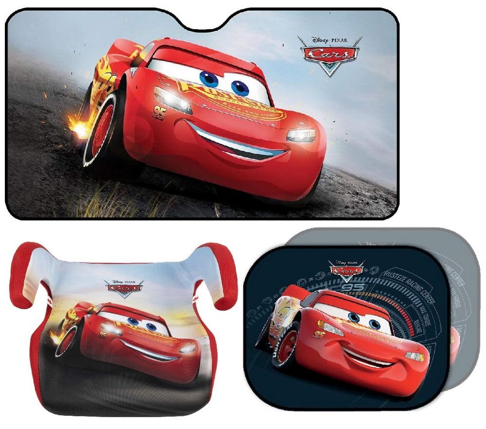 Disney Pixar Cars Set mit Kindersitz, 15-36 kg, Sonnenschutz für die Vorderseite des Autos und 1 Paar Seitenvorhänge mit Lightning McQueen von TataWay in viaggio si cresce