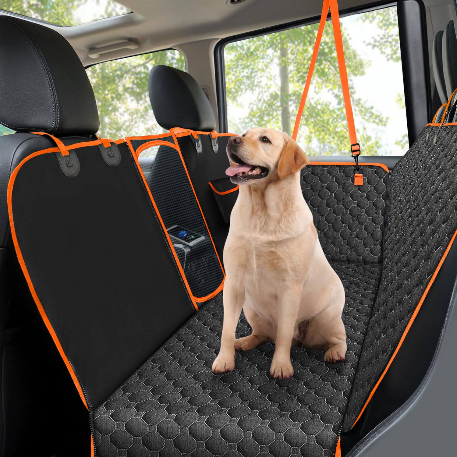 Taygeer Hundedecke für Auto Rückbank, Kratzfeste und Wasserabweisende Autoschondecke Hund Rücksitz mit Seitenschutz und Sichtfenster(145 x 136cm,Universal Hundedecke für Auto Van SUV-schwarz orange von Taygeer