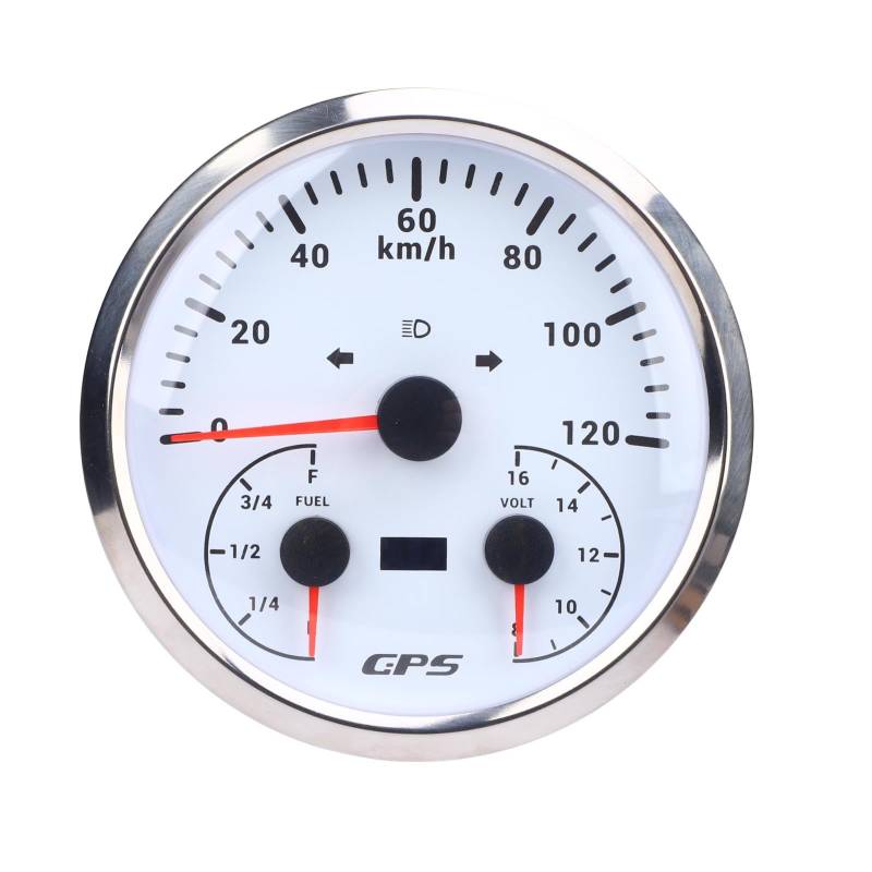 3 in 1 GPS -Tachometer 120 Km/H Kabelmesser Spannungsmesser Kraftstoffspiegelmesser für RVS -Yachts -LKWs (Weißes Zifferblatt Silberlünette CXA090) von Tbest