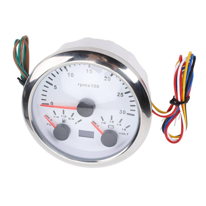 85 Mm 3 in 1 Tachometer Tachometer Voltmeter 7 Farben Hintergrundbeleuchtung Kraftstoffspiegelmesser für RV -Yacht -LKW (Weißes Zifferblatt Silberlünette CX8292) von Tbest