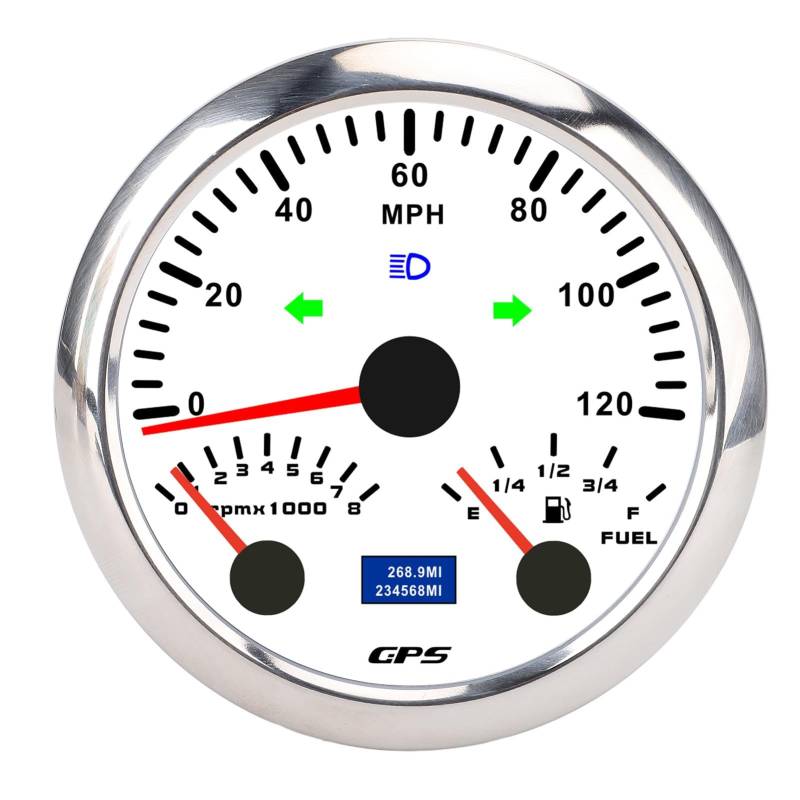 GPS -Tachometer Tachometer Kraftstoffpegelanzeige 3 3/8 Zoll 120 Meilen Pro Stunde 8000 U/Min 7 Farben Hintergrundbeleuchtet für RV -Yacht -LKW (Weißes Zifferblatt, silberne von Tbest