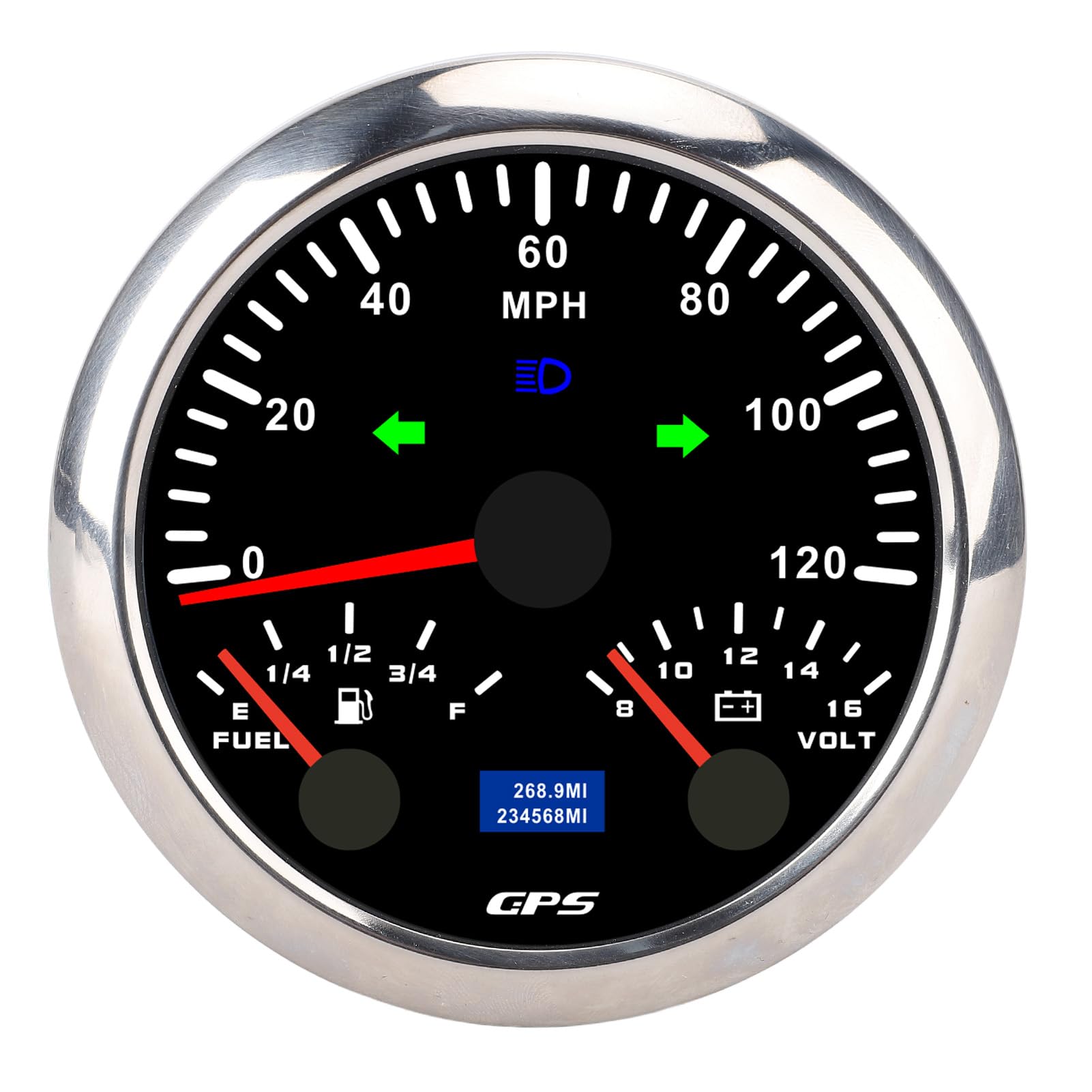 MPH-Messgerät, 3 in 1 GPS-Tachometer Voltmeter Kraftstoffs Tand Anzeige Blinker 120MPH Yacht Truck 7 Farbe Hintergrund Beleuchtung (Schwarzes Zifferblatt Silber Bezel CX8307) von Tbest