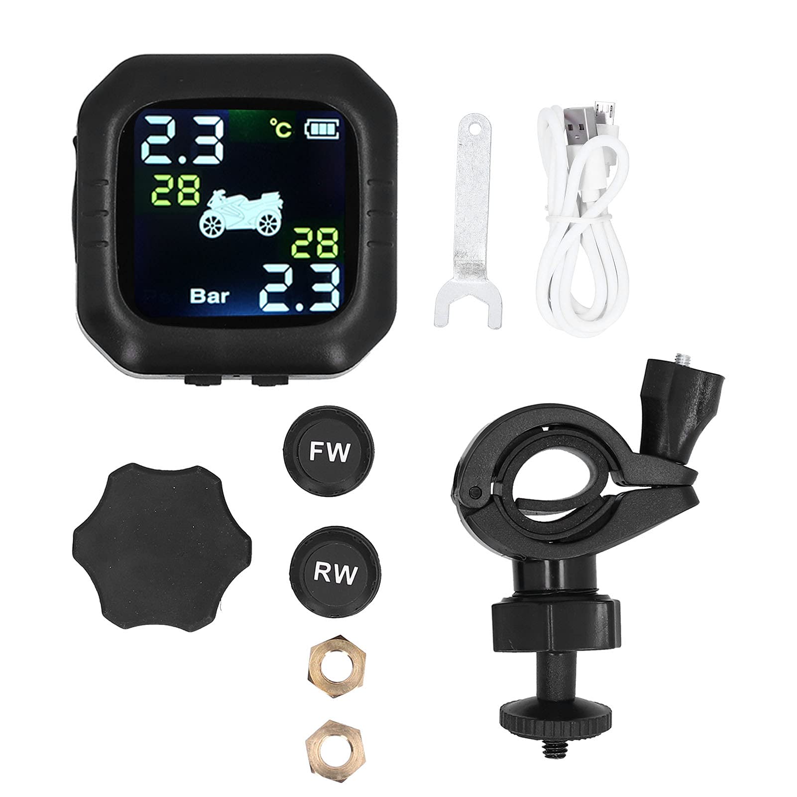 Tbest Reifendruckkontrollsystem, TPMS Reifendruckkontrollsystem IP67 Wasserdicht mit 2 Externen Sensoren USB-Ladegerät für Motorrad von Tbest