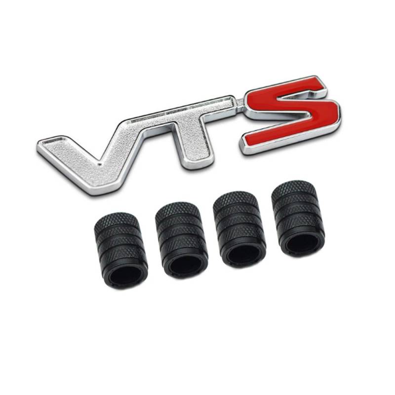 3D Metall VTS Logo Auto Abzeichen Emblem Aufkleber + 4 Stücke Rändelte Stil Mit Kunststoffkern Ventilkappen für Universal Car Styling Dekorative Accessoires (1) von Tcare