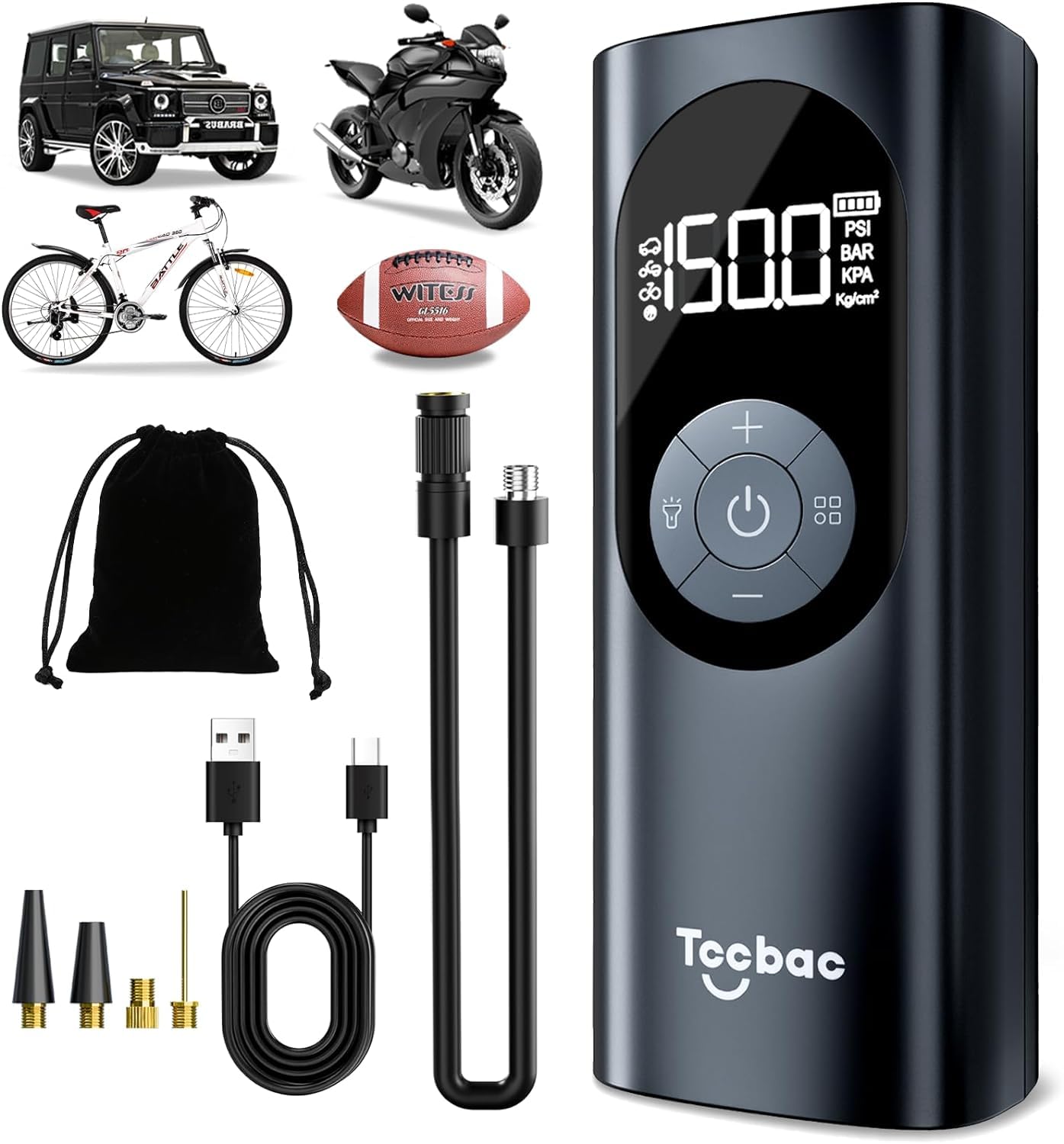 Tccbac Elektrische Luftpumpe 6000mAh Tragbar Fahrradpumpe Elektrisch150PSI mit LED Licht Und Manometer für Auto Motorrad Fahrrad Bälle von Tccbac