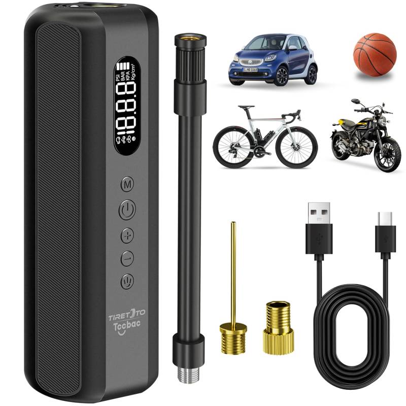 Tccbac Fahrradpumpe Elektrisch 5200mAh Elektrische Luftpumpe 150PSI Mini Akku Kompressor mit Manometer für Alle Fahrräder Motorräder und Autos von Tccbac