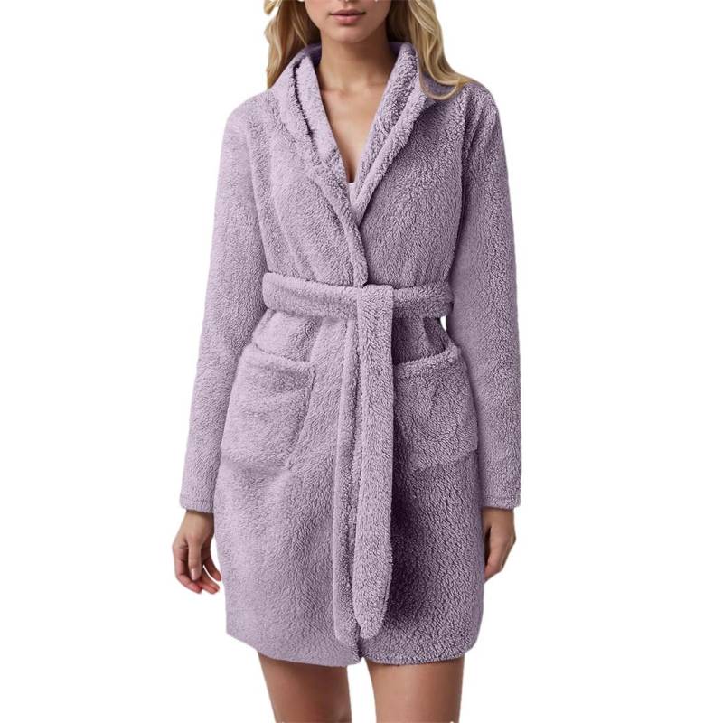 Tdvcpmkk Damen Warm Cord Winter Robe Plüsch Pyjama mit Gürtel Damen Kapuze Homewear Bademantel Nachtwäsche von Tdvcpmkk