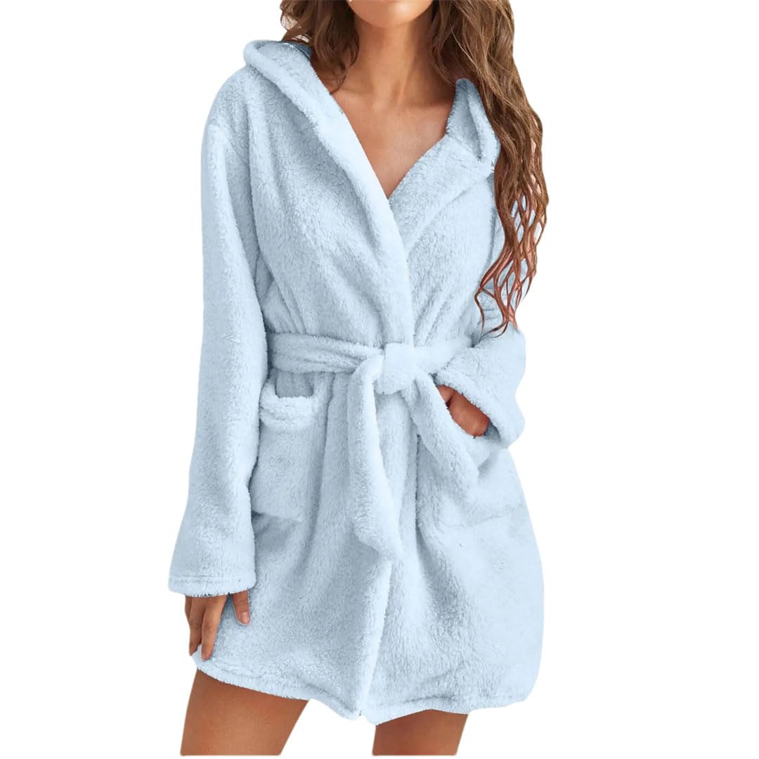 Tdvcpmkk Damen Warm Cord Winter Robe Plüsch Pyjama mit Gürtel Damen Kapuze Homewear Bademantel Nachtwäsche von Tdvcpmkk