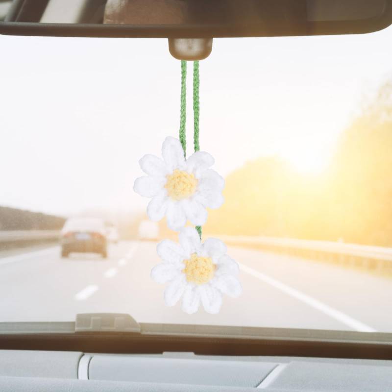 Häkeln Gänseblümchen Auto Anhänger, Autoanhänger Gehäkelt Baumwolle Gehäkelte Gänseblümchen Auto-Dekor, Gestrickte Gewebte Quaste Auto Zubehör, niedliche Blume Rückspiegel Zubehör Anhänger (Weiß) von Teaaha