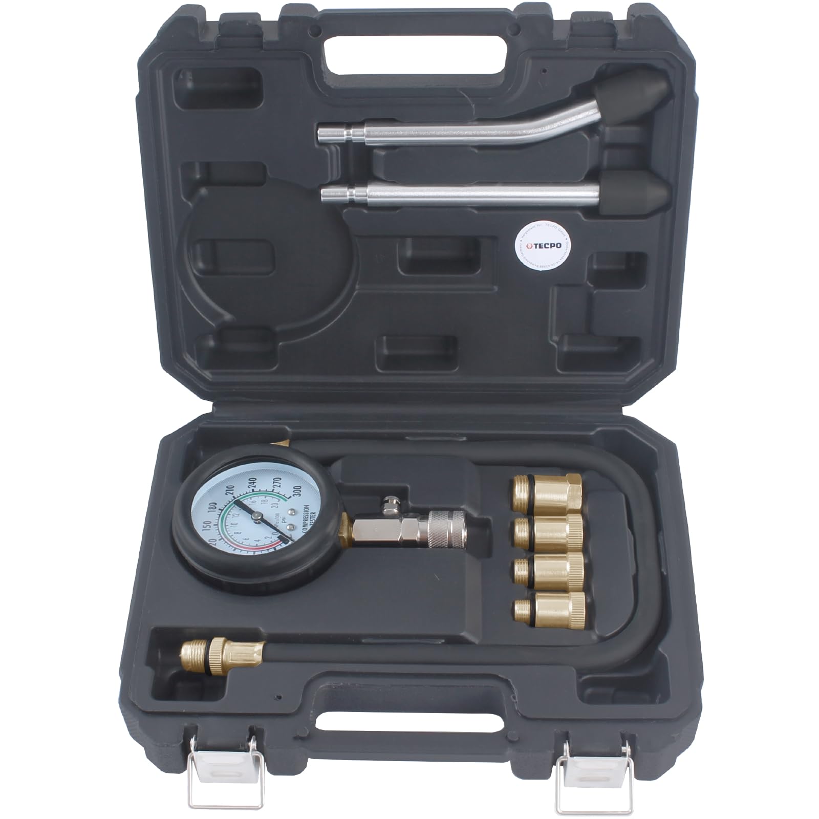 TECPO Kompressionsprüfer Set 8-TLG 0-20 Bar 300 psi, für Benzinmotoren, inkl. Adapter M10, M12, M14, M18, Druckablassventil, 490 mm Schlauch, Manometer Ø 65 mm, +/- 3% Genauigkeit, Prüfer, Tester von TECPO