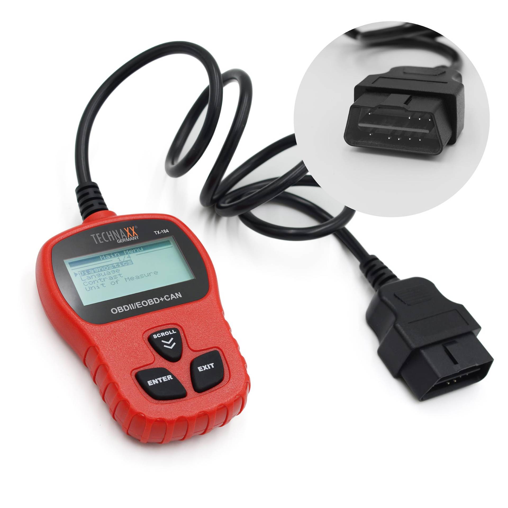 Technaxx OBD II Code Reader TX-184 - Mehrsprachiges Auto-Diagnosegerät mit VIN/CIN/CVN-Auslesung, Fehlercodes Lesen & Löschen, Kompatibel mit Fahrzeugen ab 1996, Hintergrundbeleuchtetes Display von technaxx