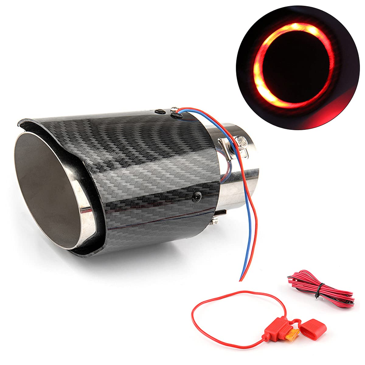 Techson 6,3 cm Auspuffrohr-Licht, Universal-Auto-LED-Schalldämpfer-Spitze, Karbonfaser-Textur, Truck, Einzelauslass-Endrohr, Edelstahl-Modifiziertes leuchtendes Flammenrohr (rot) von Techson