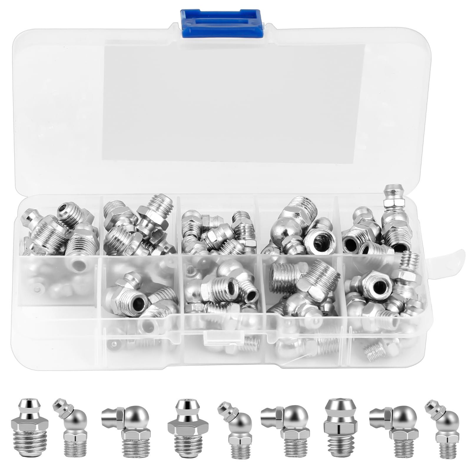 Teklemon 60 Stück Schmiernippel Sortiment Kit, Kegelschmiernippel, Hydraulik Fettnippel, Abschmiernippel, Kegelnippel für Schmierpressen (Metrisch) M6 M8 M10 in Gerade und Abgewinkelt 45° 90° von Teklemon