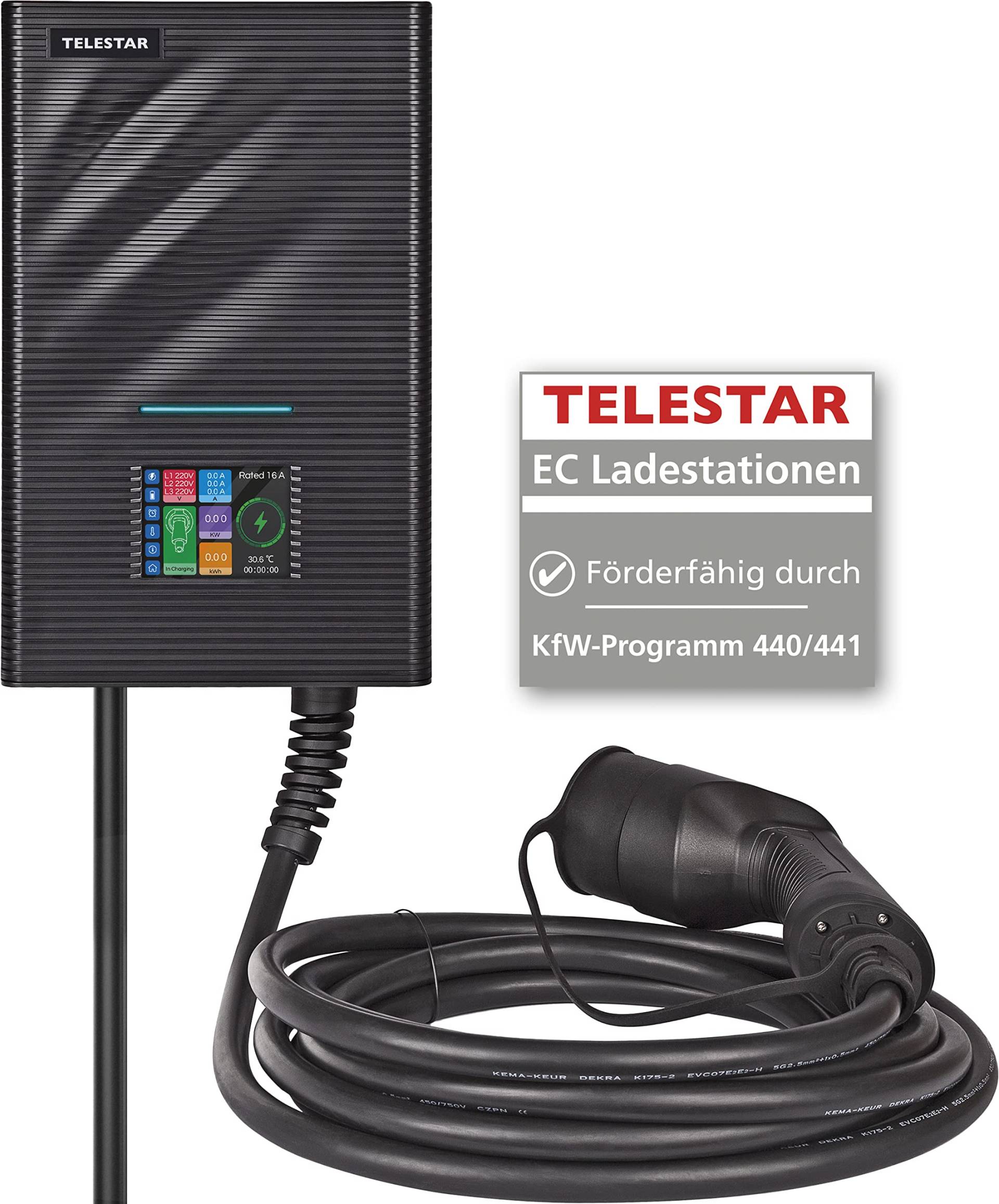 TELESTAR EC 311 S6 – Smarte Wallbox (mit 6 Meter Ladekabel, 11 kW, Ladestation für E-Autos, WLAN, Bluetooth, App-Steuerung, IP66) – Schwarz von Telestar