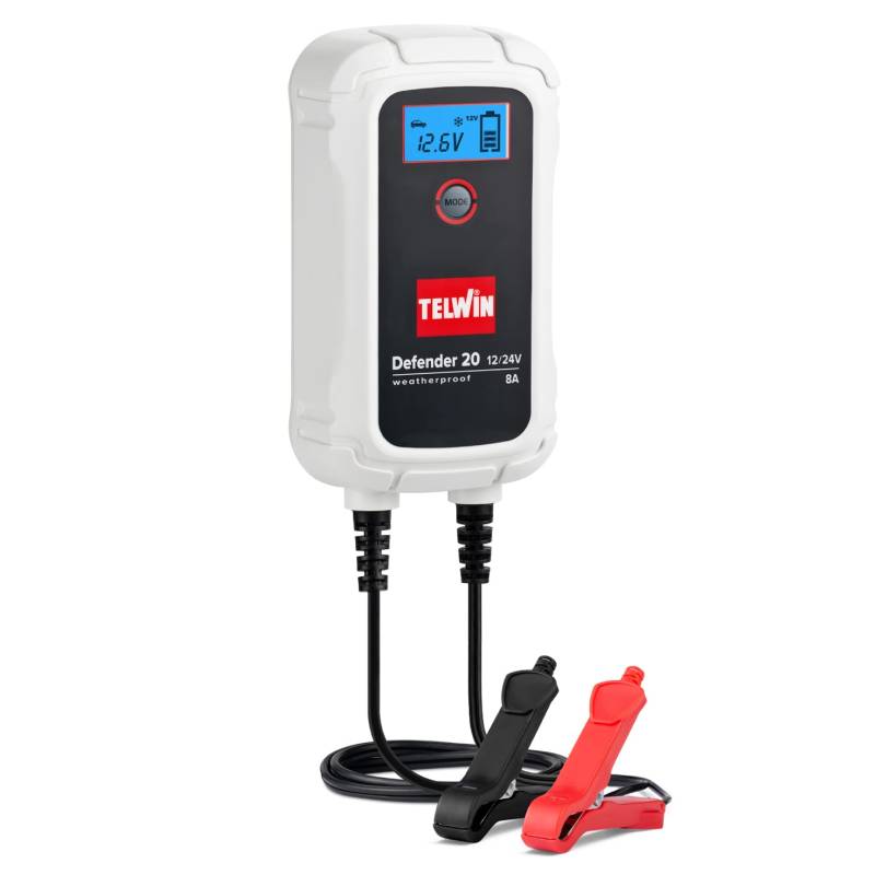 Telwin 807608 Defender 20 Elektronisches Batterielade- und Erhaltungsladegerät für 12/24-V-Batterien, LCD-Display von Telwin