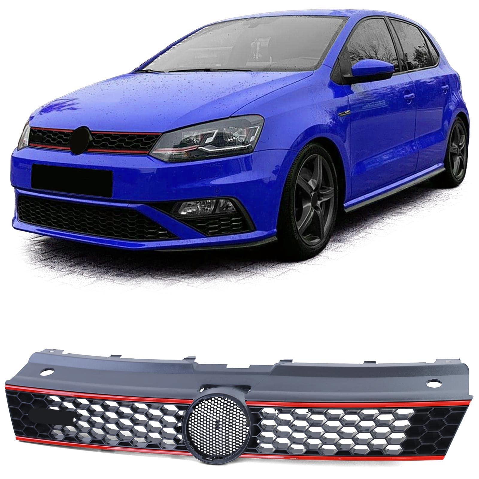 Kühlergrill Schwarz Matt Rot Sport Optik für VW Polo 5 6R 6C 09-17 auch GTI von Tenzo-R