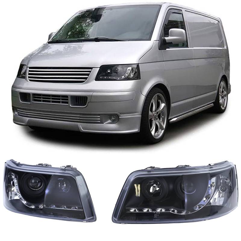 Scheinwerfer mit LED Tagfahrlicht Optik Schwarz für VW Transporter Bus T5 03-09 von Tenzo-R