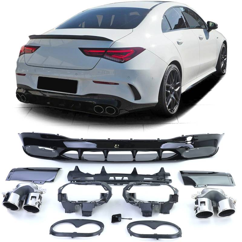 Sport Heckdiffusor Schwarz Glanz mit Endrohren Chrom für Mercedes CLA C118 ab 19 von Tenzo-R