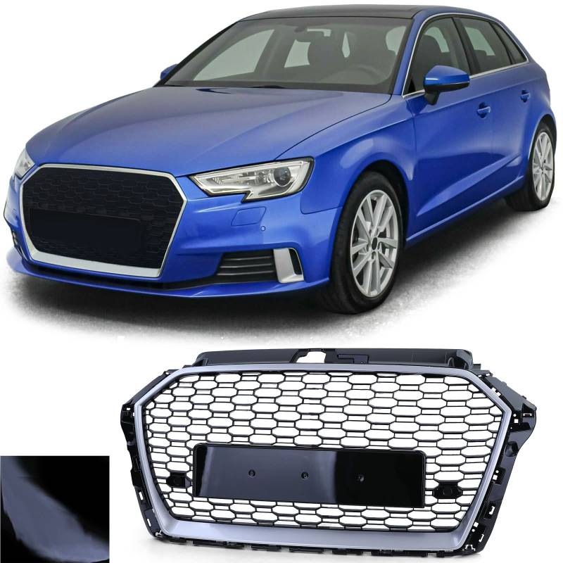 Sport Kühlergrill Wabengrill Schwarz Glanz Silber für Audi A3 8V 16-20 ohne ACC von Tenzo-R