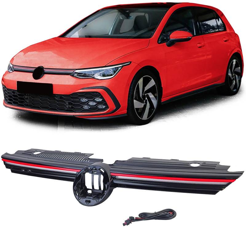 Sport Kühlergrill rote Leiste beleuchtet für VW Golf 8 auch GTI GTD R-Line 19-24 von Tenzo-R