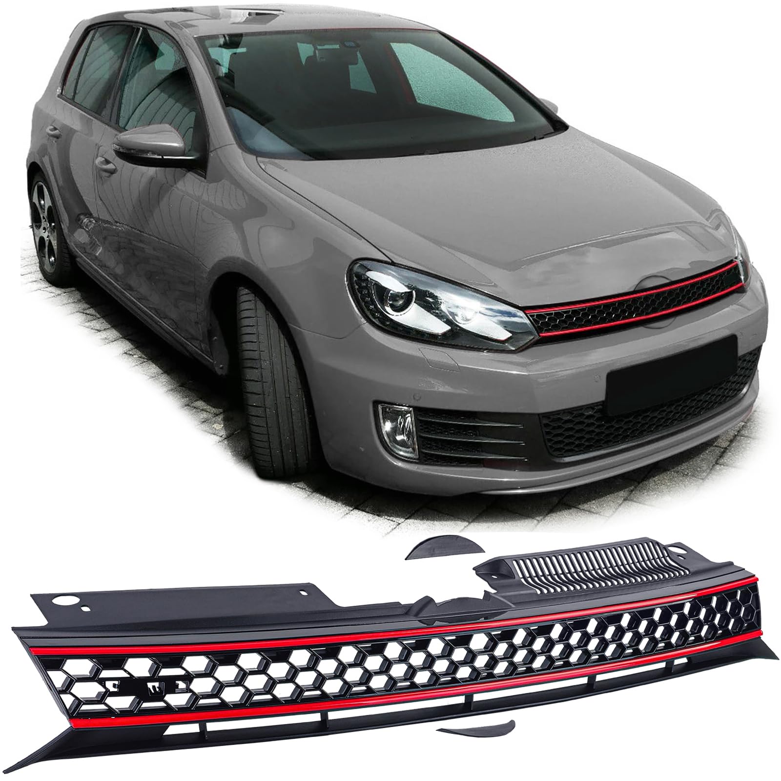 Sport Kühlergrill ohne Emblem Schwarz Rot passend für VW Golf 6 auch GTI 08-13 von Tenzo-R