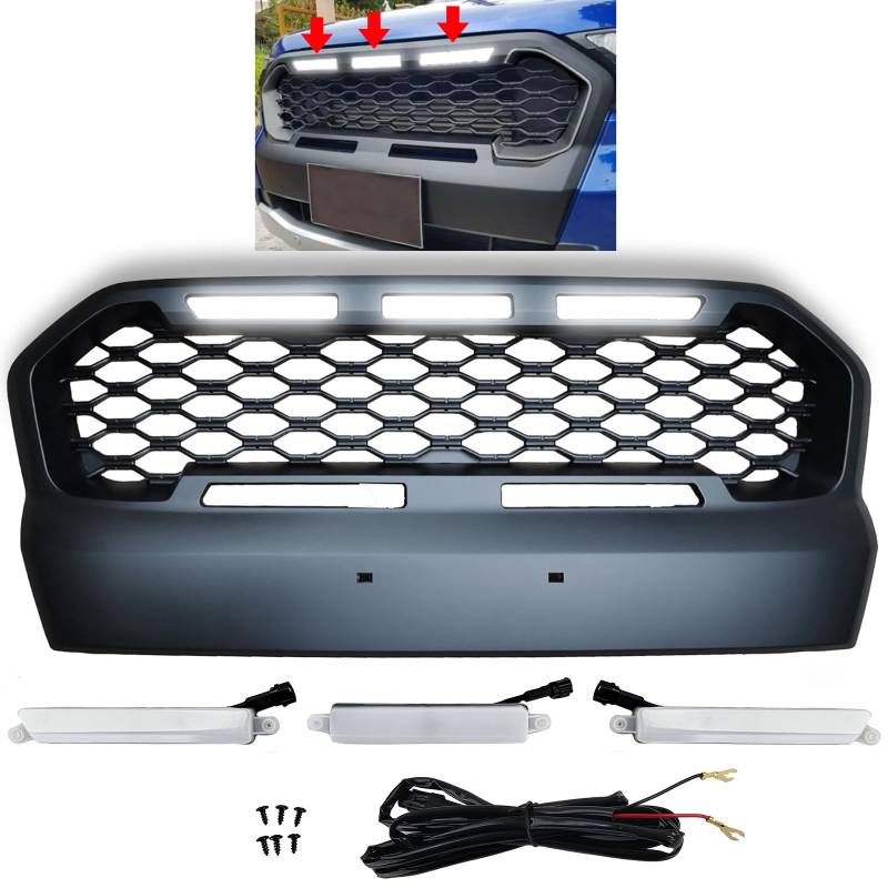 Waben Kühlergrill Sport Schwarz mit LED passt für Ford Ranger T7 16-19 2.2 3.2 von Tenzo-R