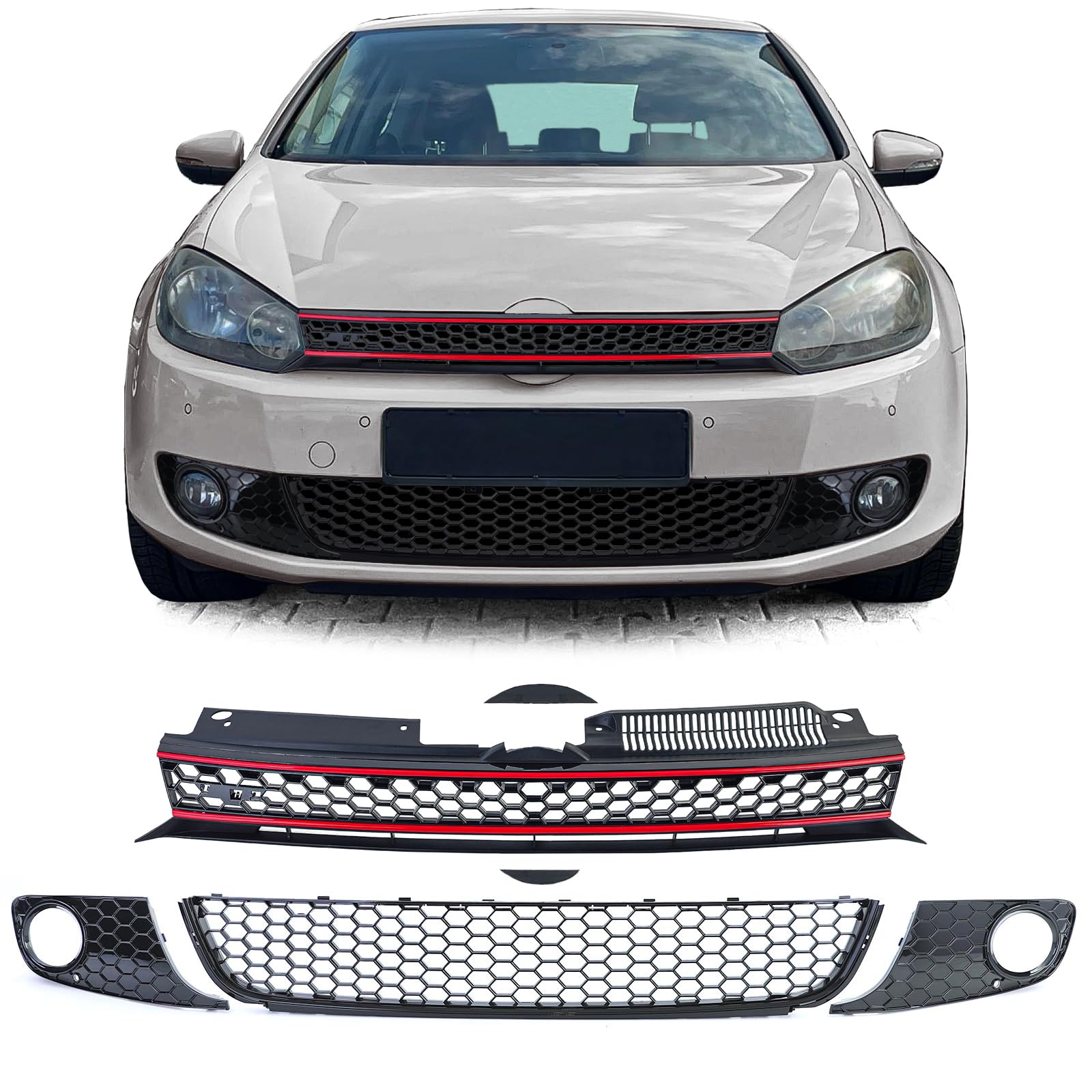 Waben Kühlergrill ohne Emblem + Stoßstangengitter GLANZ für VW Golf 6 08-13 von Tenzo-R