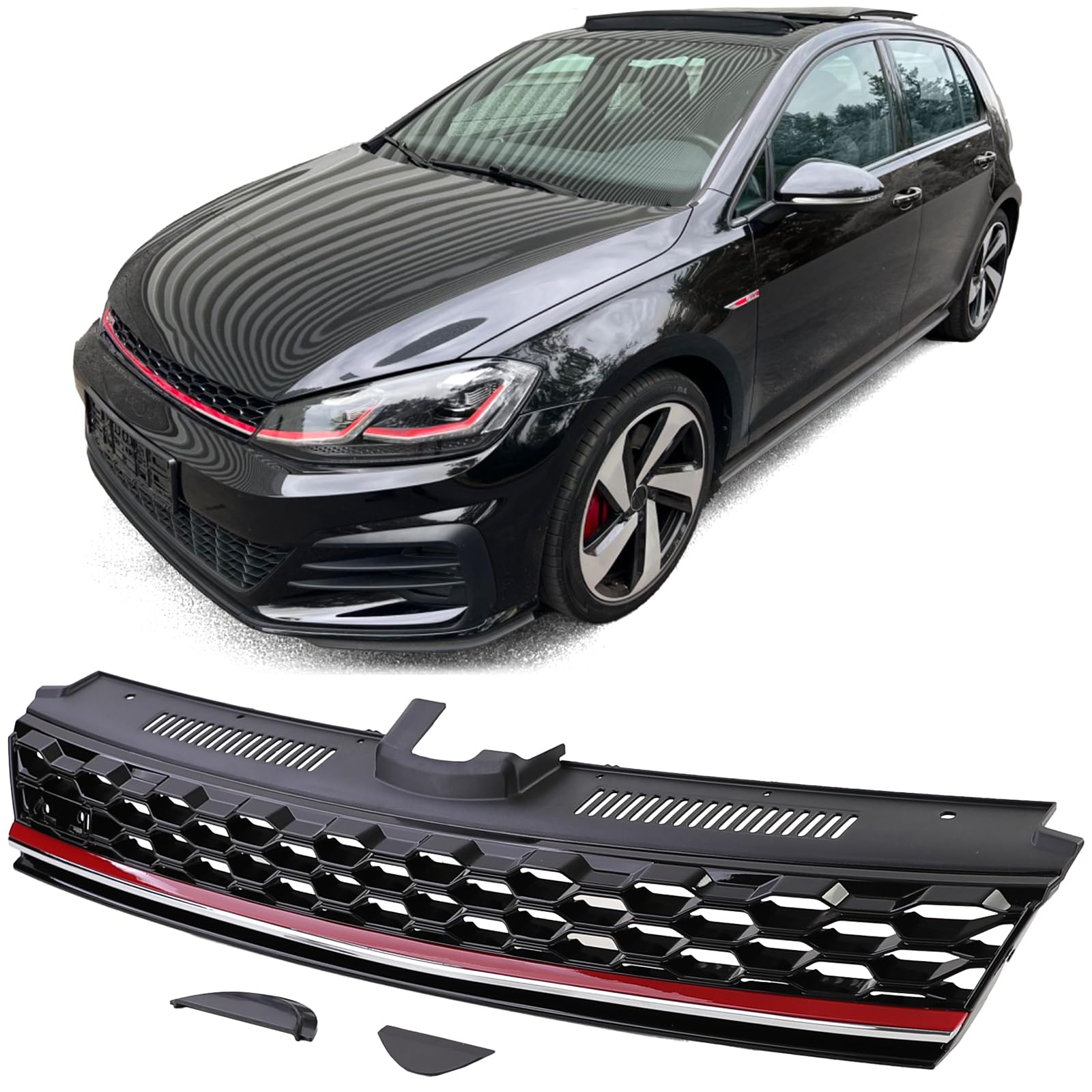 Waben Kühlergrill ohne Emblem Schwarz Glanz für VW Golf 7.5 17-21 GTI von Tenzo-R