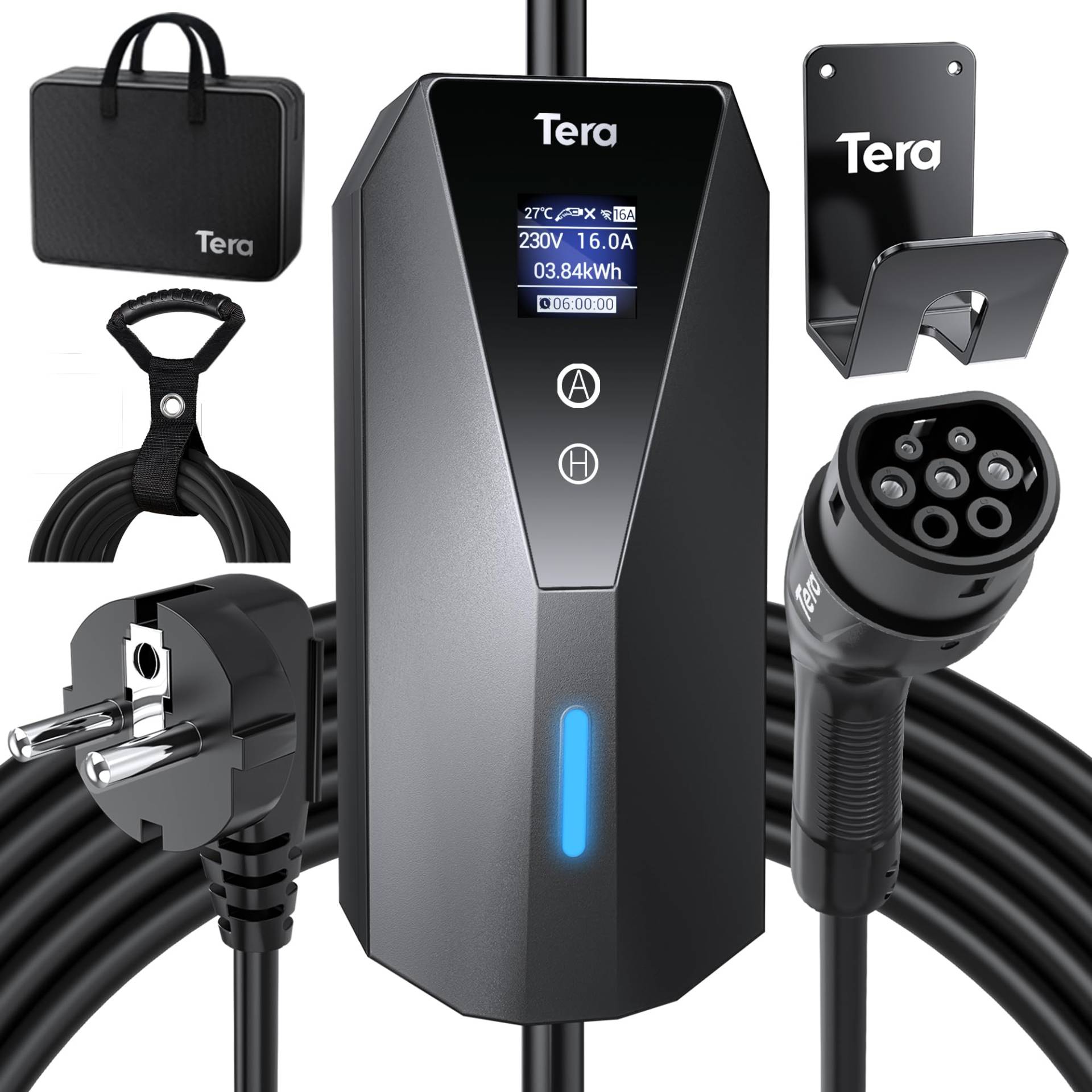 Tera EV Charger Portable Type 2 with 7 m Charging Cable 3 kW 16 A Schuko EV Charger Box Adjustable Current Clear LCD Display IP66 Waterproof Cable Holder Cable Tie German User Manual von Tera