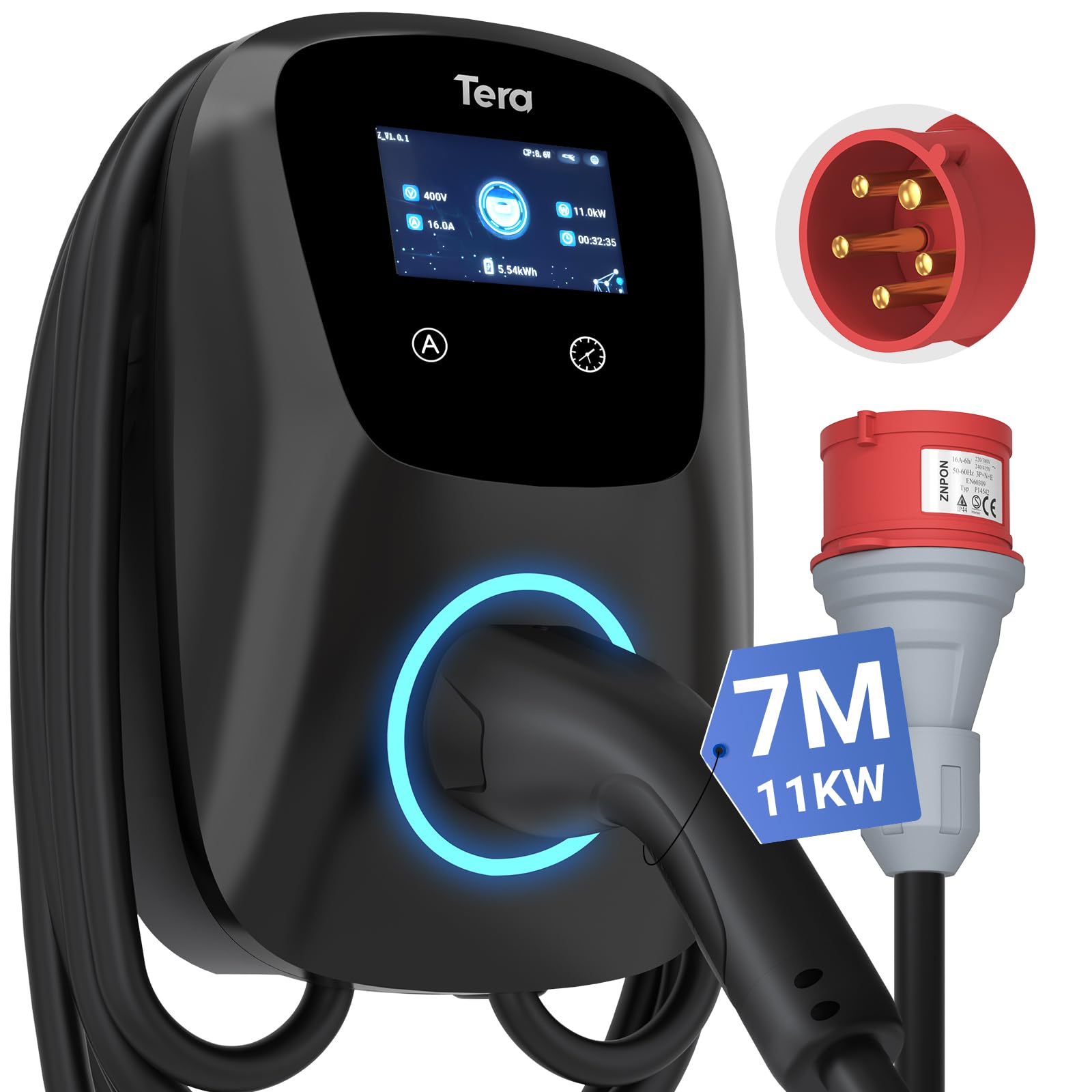 Tera EV Ladegerät 11kW 16A Typ 2 11kW Heim Ladestation 400V CE & TÜV Wallbox 7m Ladekabel mit Ladegerätehalter CEE 3-Phasen Stecker für Alle EVs und PHEVs Modell W01 Schwarz von Tera