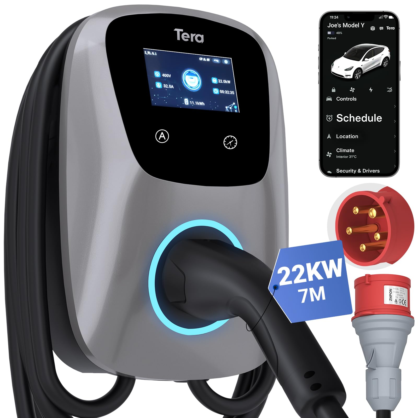 Tera EV Ladegerät Smart APP mit 16-32A Typ 2 22kW oder 11kW oder 22kW Heim Ladestation 400V CE & TÜV Wallbox 7m Ladekabel mit Ladegerätehalter App-Steuerung CEE 3-Phasen Stecker W01, Silber von Tera