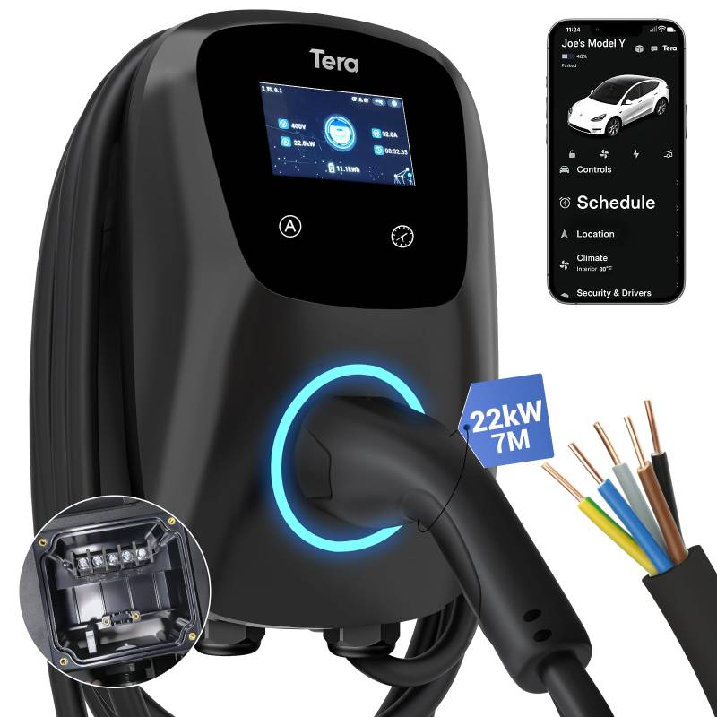 Tera EV Ladegerät Smart APP mit 32A Typ 2 22kW Heim Ladestation 400V CE & TÜV Wallbox 7m Ladekabel mit Ladegerätehalter App-Steuerung Hardwiring für Alle EVs und PHEVs W01 Schwarz von Tera