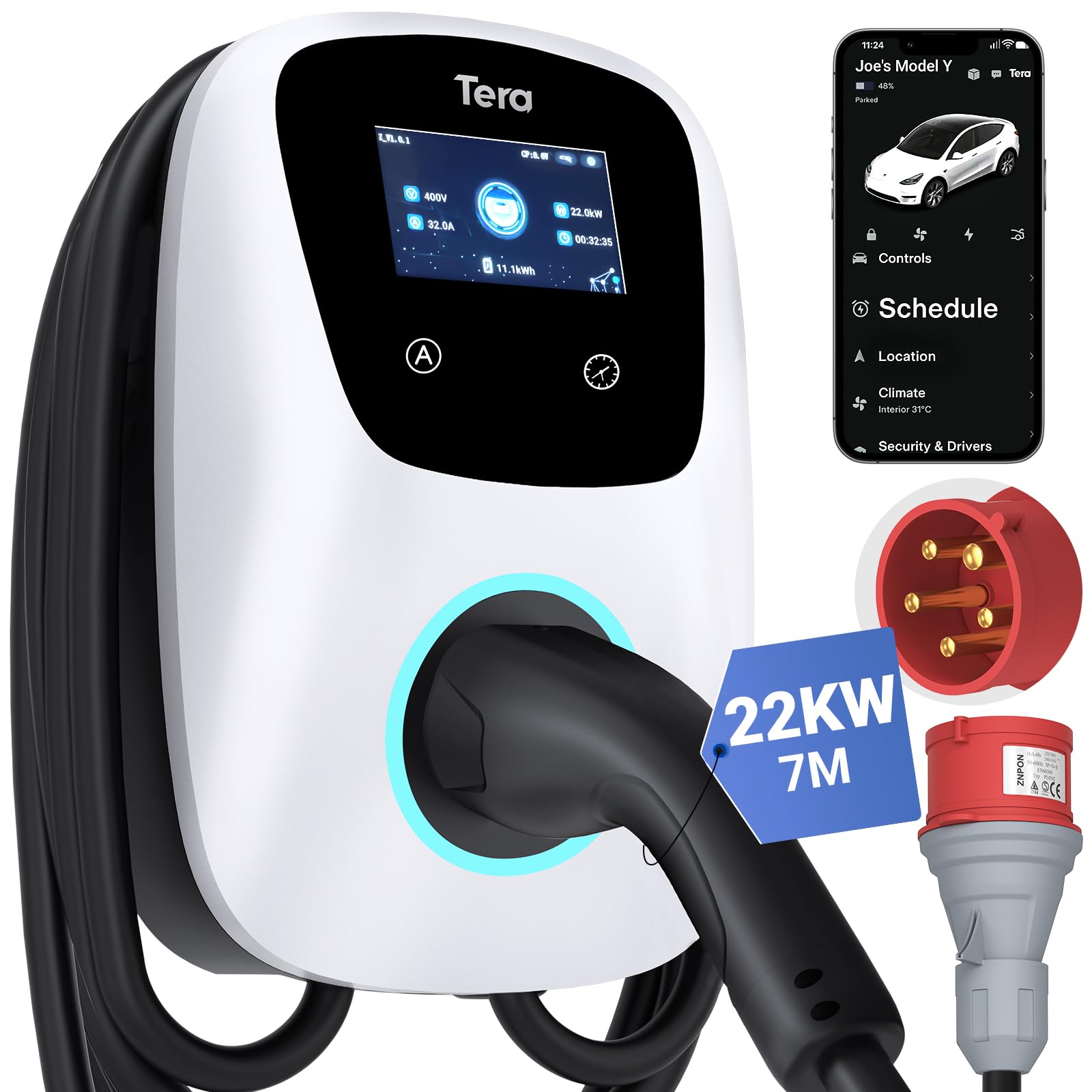 Tera EV Ladegerät Smart APP mit 32A Typ 2 22kW oder 11kW Heim Ladestation 400V CE & TÜV Wallbox 7m Ladekabel mit Ladegerätehalter App-Steuerung CEE 3-Phasen Stecker für Alle EVs und PHEVs W01 Weiß von Tera