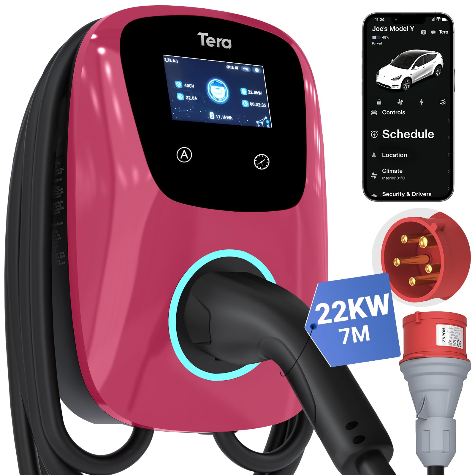 Tera EV Ladegerät Smart APP: 32A Typ 2 22kW oder 11kW Heim Ladestation 400V CE & TÜV Wallbox 7m Ladekabel mit Ladegerätehalter App-Steuerung CEE 3-Phasen Stecker für Alle EVs und PHEVs W01 Magentarot von Tera