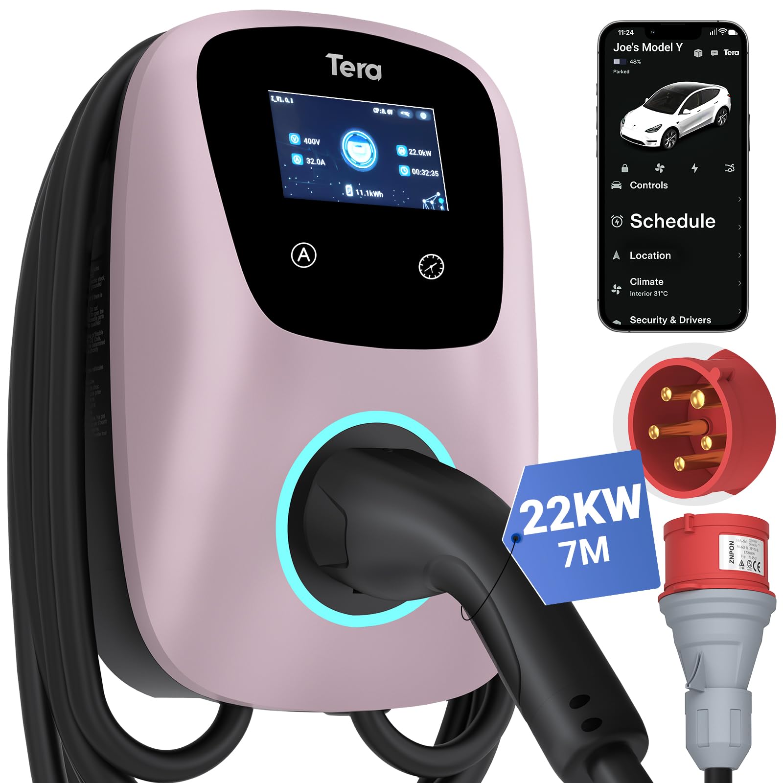 Tera EV Ladegerät Smart APP: 32A Typ 2 22kW oder 11kW Heim Ladestation 400V CE & TÜV Wallbox 7m Ladekabel mit Ladegerätehalter App-Steuerung CEE 3-Phasen Stecker für Alle EVs und PHEVs W01 Mattrosa von Tera