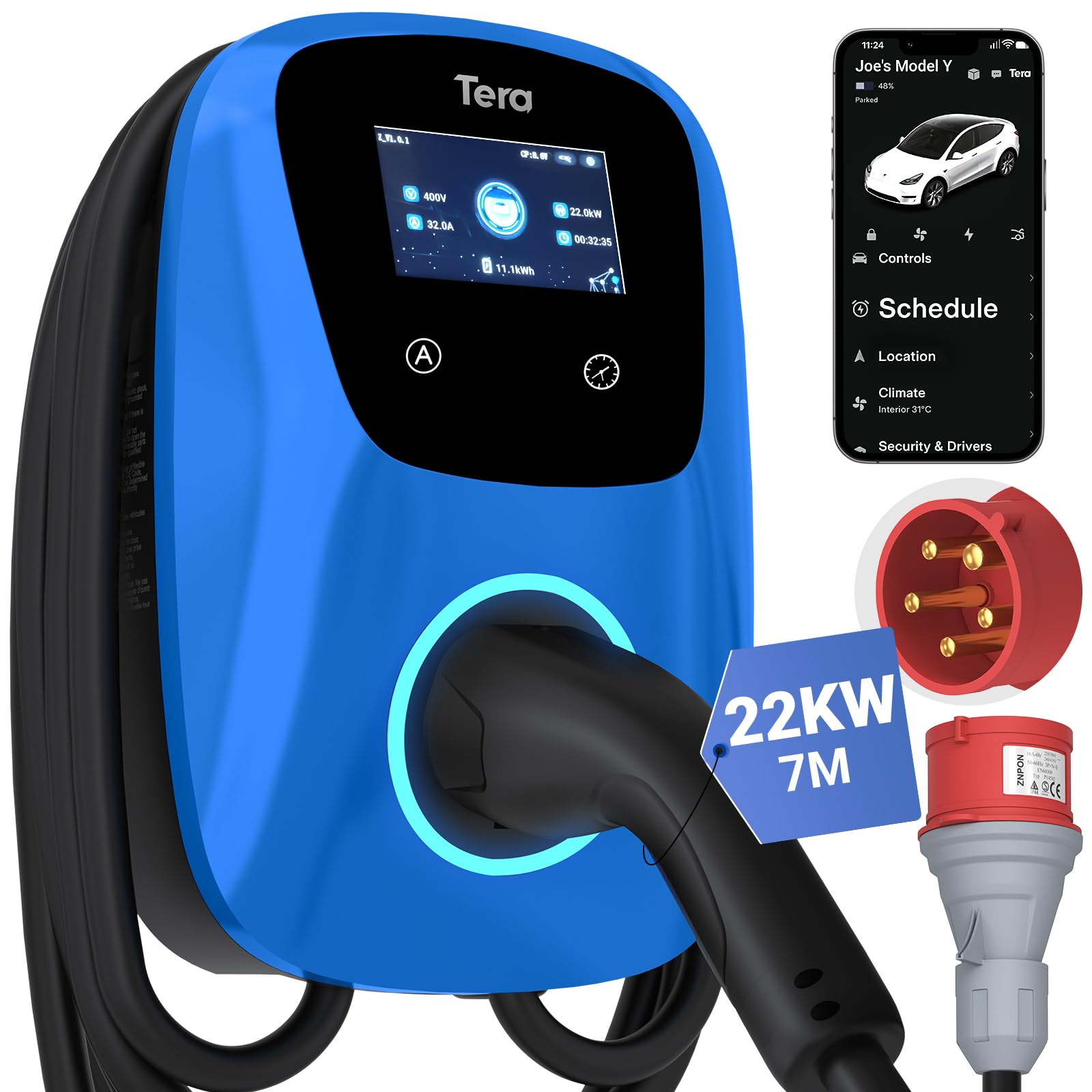 Tera EV Ladegerät Smart APP: 32A Typ 2 22kW oder 11kW Heim Ladestation 400V CE & TÜV Wallbox 7m Ladekabel mit Ladegerätehalter App-Steuerung CEE 3-Phasen Stecker für Alle EVs und PHEVs W01 Blau von Tera