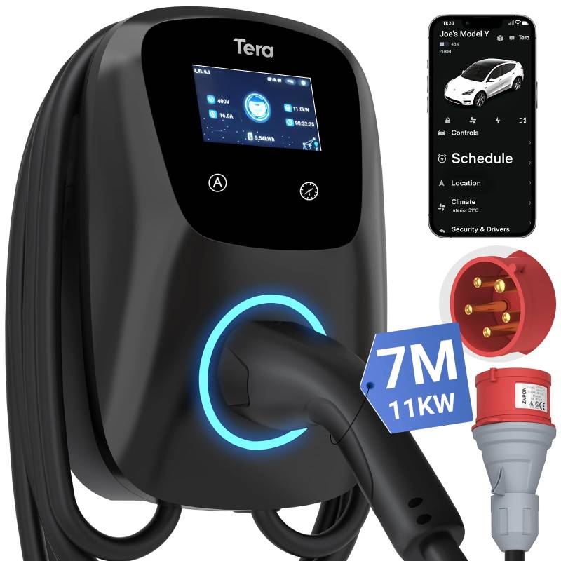 Tera Smart EV Ladegerät Typ 2 Wallbox mit APP 11kW 16A 400V CE&TÜV mit Wlan & Bluetooth 7m Ladekabel mit Ladegerätehalter Heim Wallbox CEE 3-Phasen Stecker für EVs & PHEV W01 Schwarz von Tera