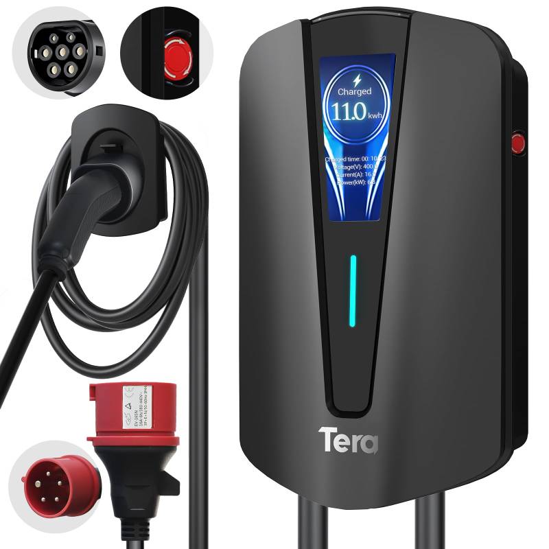 Tera EV Ladegerät 𝗧𝘆𝗽 𝟮 𝟭𝟭𝗞𝗪 Heim-Ladestation Wallbox Ladekabel Elektroauto mit Kabelhalterung Ladekabel 3-Phasig CEE Stecker 16A 400V Kabel für Elektrofahrzeuge und Plug-in-Hybrid-Autos, Q8 von Tera