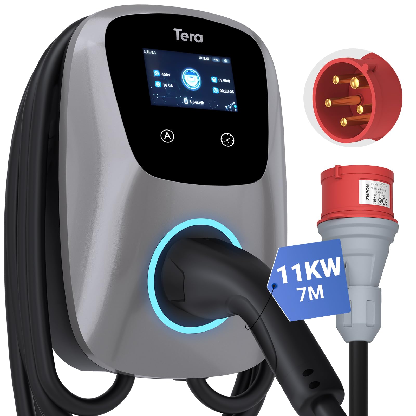 Tera EV Ladegerät Typ 2 22kW oder 11kW Heim Ladestation 32A 400V CE & TÜV mit APP/WLAN/Bluetooth Wallbox 7m Ladekabel mit Ladegerätehalter CEE 3-Phasen Stecker für EVs & PHEVs W01 Silber von Tera