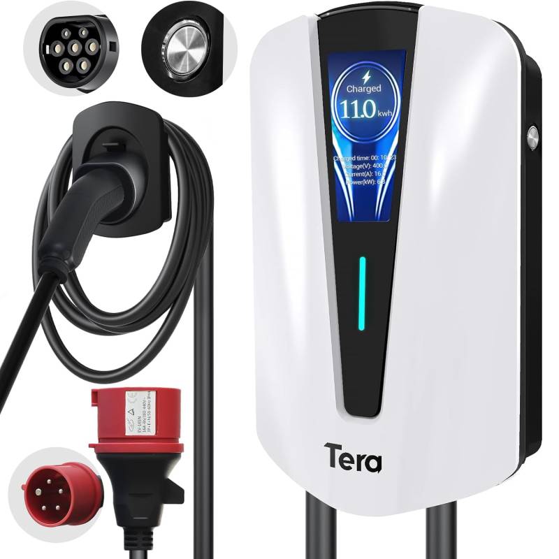 Tera EV Ladegerät typ 2 11kw Heim-Ladestation Wallbox Ladekabel Elektroauto mit Kabelhalterung Ladekabel 3-Phasig CEE Stecker 16A 400V Kabel für Elektrofahrzeuge und PHEVs, Q8 Weiß von Tera