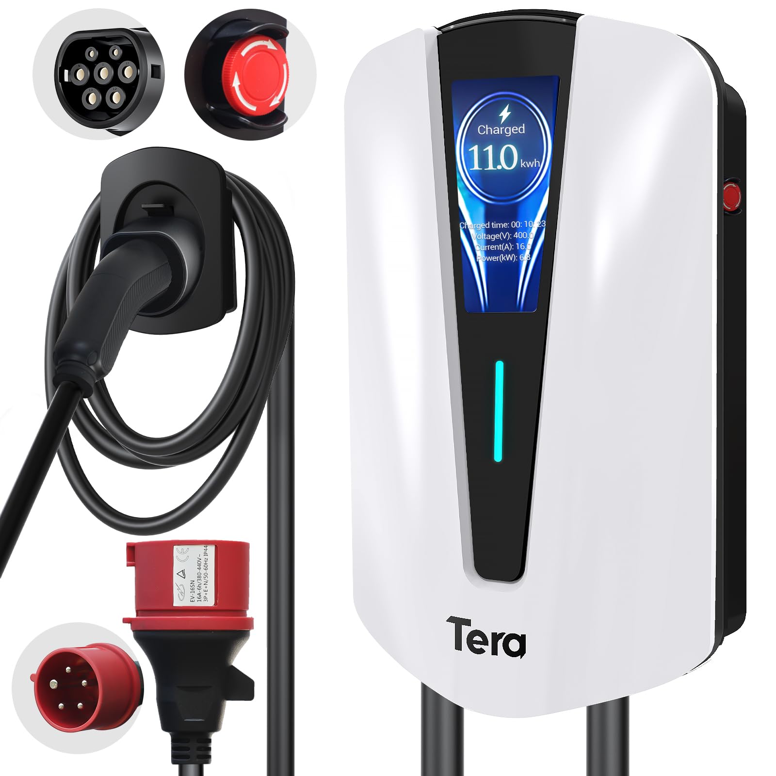 Tera EV Ladegerät typ 2 11kw Heim-Ladestation Wallbox Ladekabel Elektroauto mit Kabelhalterung Ladekabel 3-Phasig CEE Stecker 16A 400V Kabel für Elektrofahrzeuge und PHEVs, Q8 Weiß von Tera